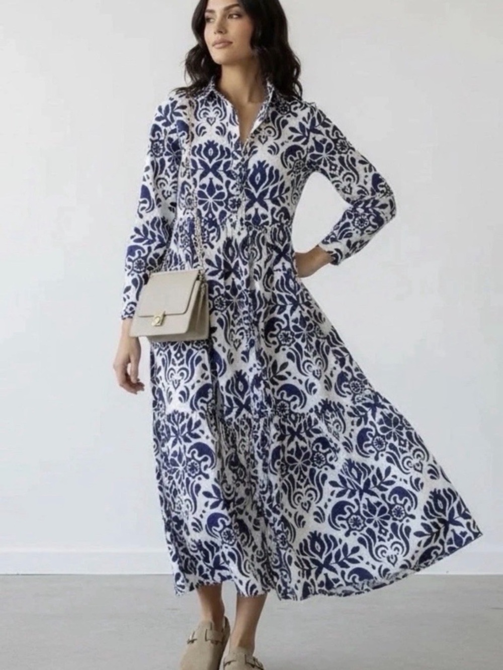 Zara Long-Sleeve Damask Tiered A-Line Button-Front Maxi Dress Cream/Navy XS